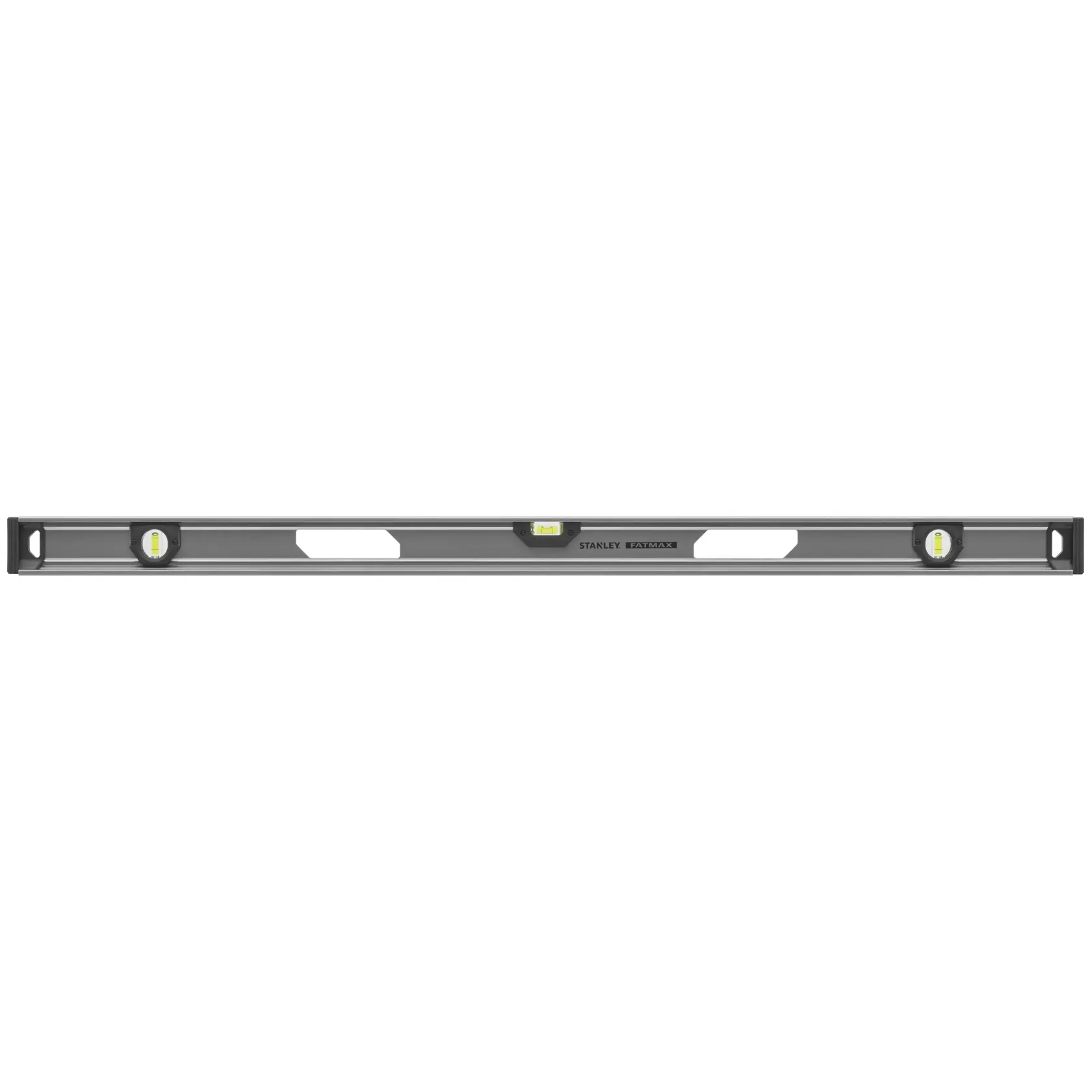 STANLEY XTHT1-42134 spirit level with three vials, black and yellow, straight-on angle on white background.