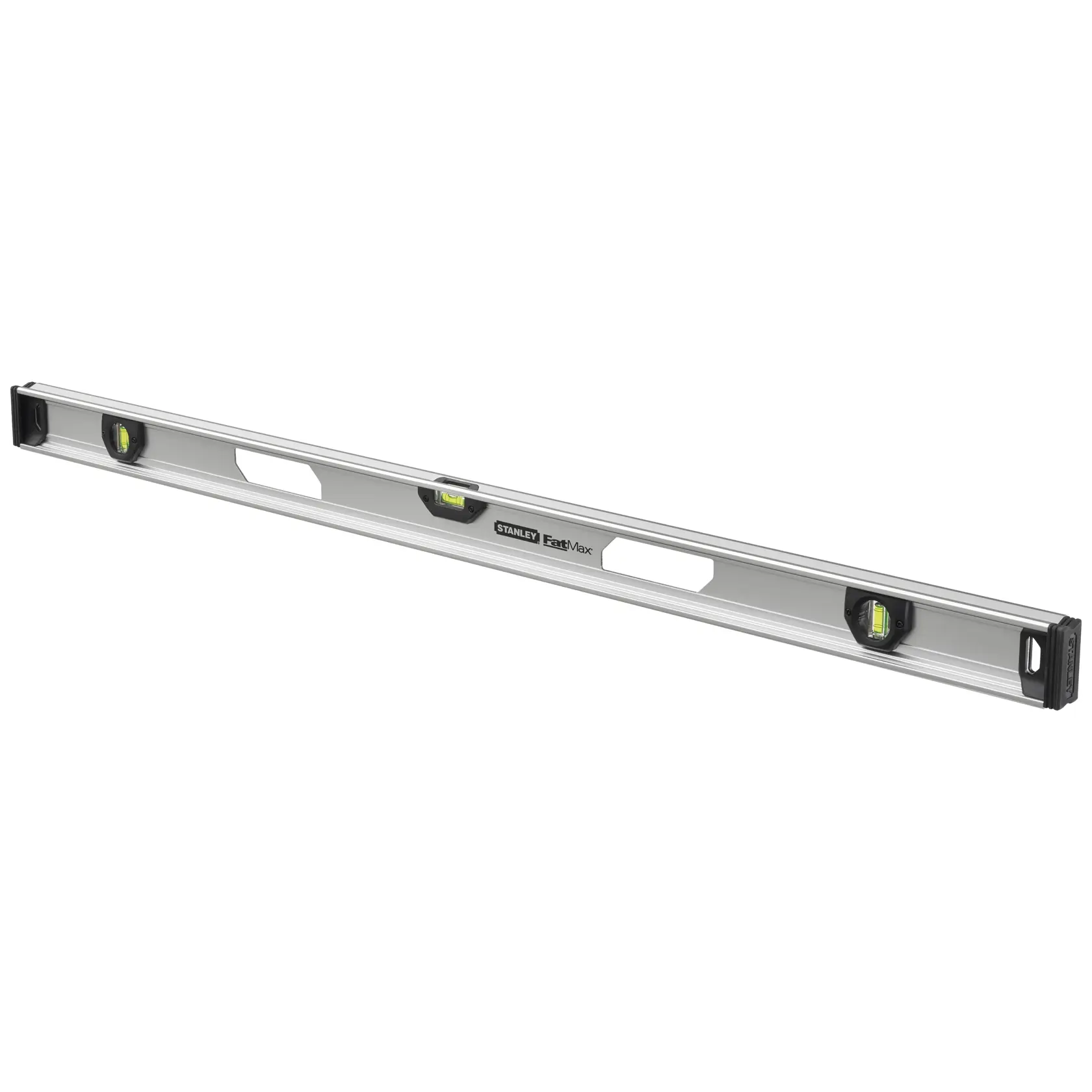 STANLEY XTHT1-42135 spirit level, silver aluminum body, three vials, photography, angled on white background.