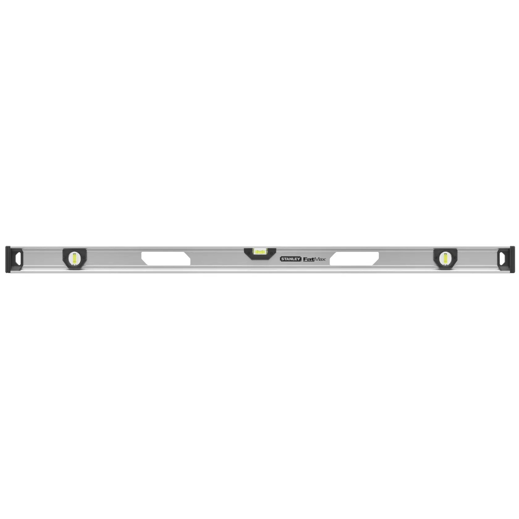 STANLEY XTHT1-42135 spirit level, silver finish, three vials, straight-on angle, photo of hand tool.