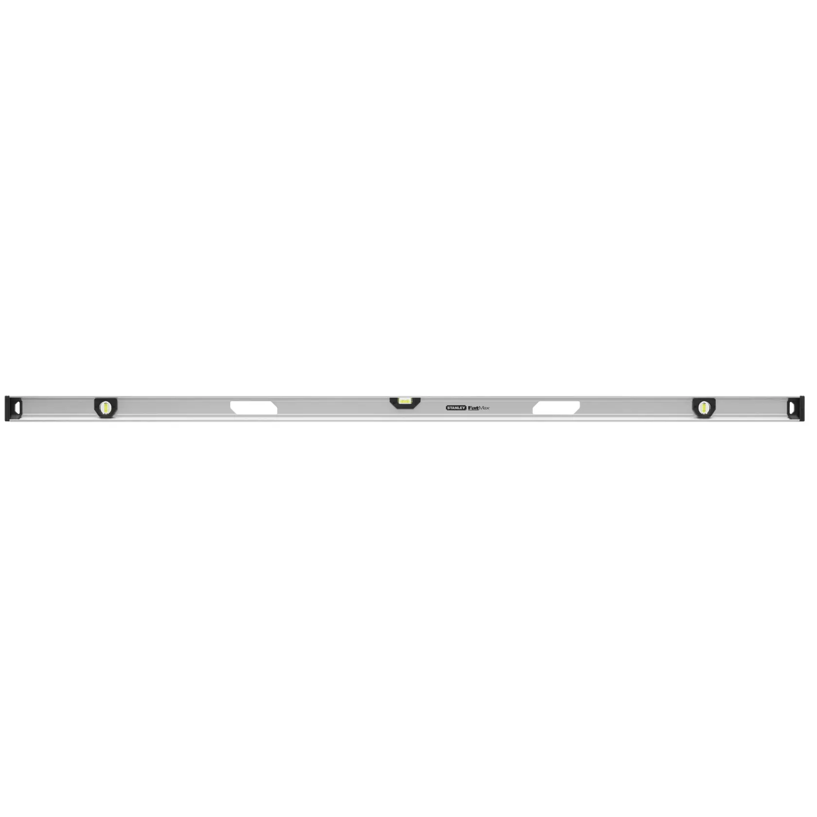 STANLEY XTHT1-42139 spirit level, silver, photography, front angle with three vial indicators and handle slots.