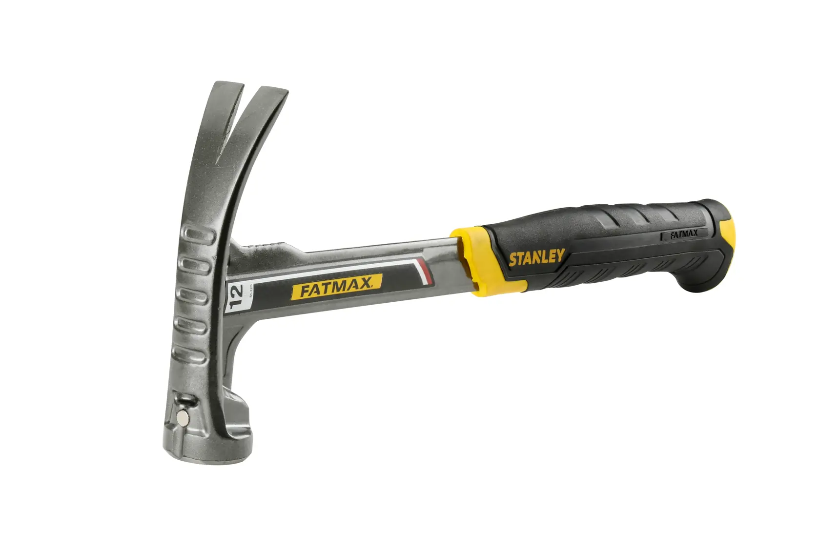 Stanley FatMax claw hammer with metal head and black-yellow handle, designed for construction use.
